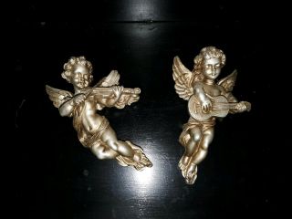 Pair Vintage Cherub Musician Angels Antique Gold Bronze Wall Plaques Set Of 2