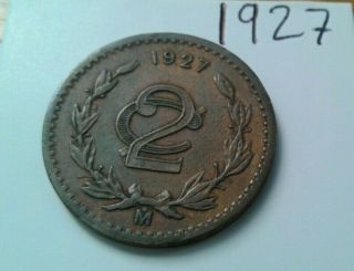1927 Mexico 2 Centavos - Au - Rare Date Coin