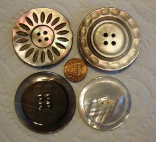4 Antique Vintage Mother Of Pearl Shell Buttons Large 1 3/4 " To 2 1/8 "