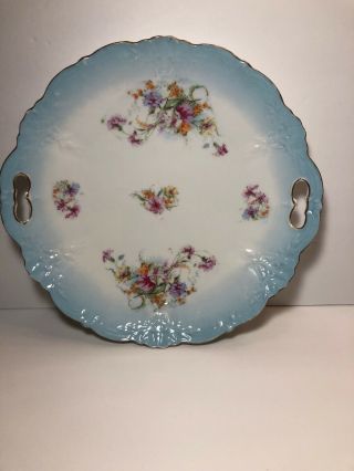 Vintage Antique Porcelain Plate With Handles Blue/white W/gold - Trim Floral - Art