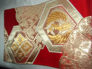 Authentic Vintage Japanese Kimono Obi Fabric,  Gold And Red Fan With Phoenix