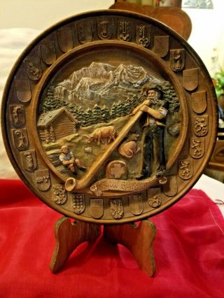 Signed Vintage Unique Hand Carved Wood Wall Art Suisse Switzerland