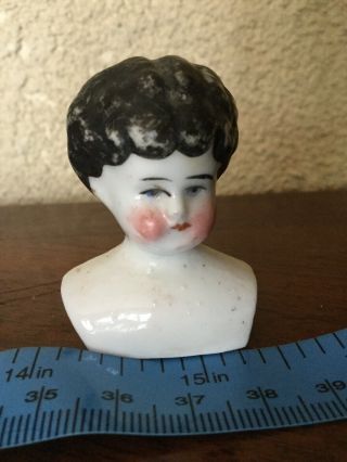 Antique Victorian Small Porcelain Doll Head Bust Black Hair Blue Eyed