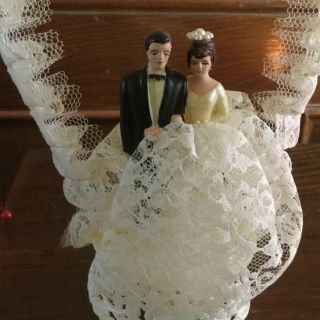 Vintage Wedding Cake Topper,  Plastic Base.  10” Bow,  Netting,  Lace.  White