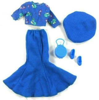 Vintage Barbie Outfit Blue Skirt W/matching Hat Floral Shirt Round Purse Shoes