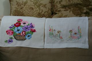 Two Vintage Hand Embroidered Chairbacks Crinoline Lady & Anenomes.