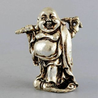 Collect Decor Old Tibet Silver Hand Carved Smile Buddha Auspicious Lucky Statue