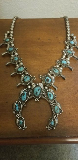 Rare Heavy Vintage Navajo Turquoise Silver Squash Blossom Necklace Old