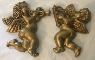 2 Rare Vintage Homco Gold Angel Cherub Cupid Wall Hanging Decor Plaque Figurines