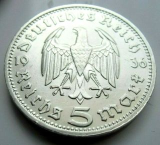 (54) Antique Wwii German 3rd Reich 1936 D 5 Reichsmark Silver Coin