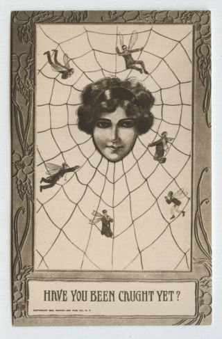 Antique 1910 Fantasy Postcard Woman Spider Web Men As Flies Have You Been Caught