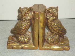 Pair Vintage Antique Brass Bronze Overlay Chalkware Owl Bookends Book Ends L@@@k