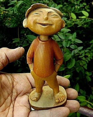 Vintage Anri Ferrandiz Italy Carved Wood Figurine Young Asian Boy Mid 1900s