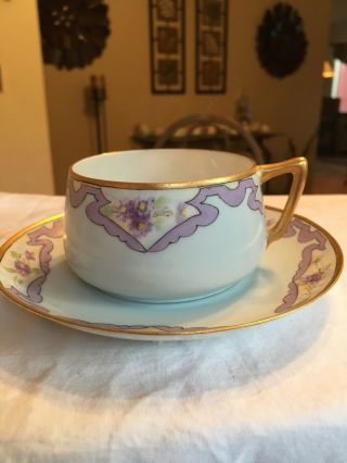 Vintage Tea Cup & Saucer Light Aqua With Purple Ribbon Trim Gold Rim & Handle