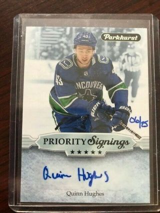 2019 - 20 Upper Deck Priority Signings Quinn Hughes Auto Hand Numbered 06/25 Rare