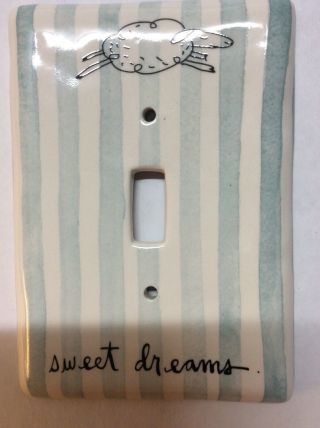 Rae Dunn ‘sweet Dreams’ Single Light Switch Plate Cover Ceramic Blue Stripes Euc
