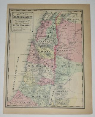Antique 1889 Holy Land Palestine/12 Tribes Bible Map Swedish Text Hand Colored?