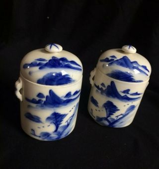2 Vintage Chinese Export Porcelain Jar & Covers,  Hand Painted Blue/white,  G/c,  15cm