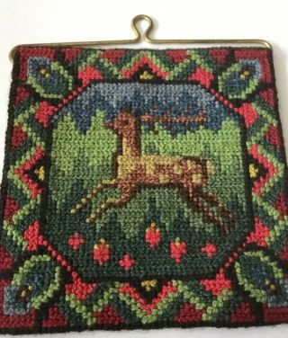 Swedish Vintage Embroidered Tapestry,  Deer In Woodland