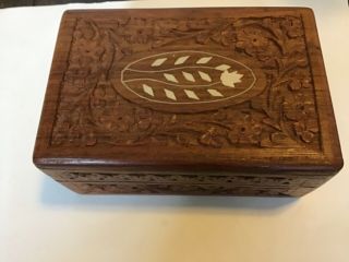 Hand Carved Wooden Decorative Box Keepsake Storage Organizer Inlaid Flower