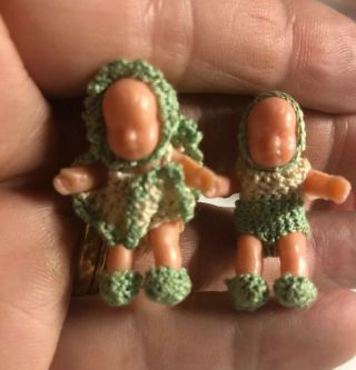 Vintage Miniature Plastic Babies Boy & Girl Twins Crocheted Clothes Pin Green
