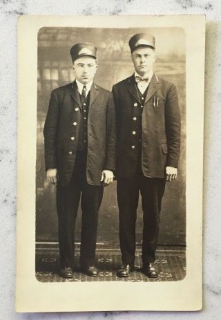 Antique Real Photo Postcard Rppc Portrait Of 2 Train Conductors Railroad Rr