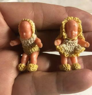 Vintage Miniature Plastic Babies Boy & Girl Twins Crocheted Clothes Pin Yellow