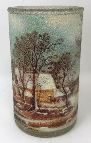 Rare Vintage Currier & Ives Candle Holder Christmas Winter Frosted Glass