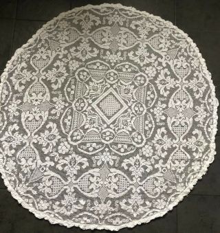 Vintage White Cotton Crochet Floral Tablecloth Circular 61 Ins Diameter