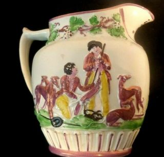 Circa 1840 Staffordshire Pink Copper Lusterware 7 " Pitcher W/hounds & Hunters
