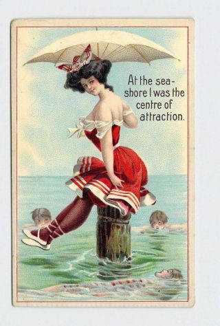 Antique Postcard Bathing Beauty Sea Beach Girl On Pier With Boys Swimming Around