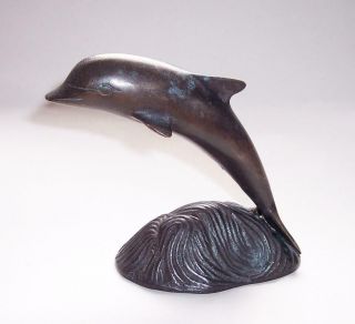 Vintage Solid Cast Bronze Leaping Dolphin Figure Marine Animal Ornament