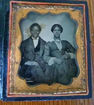 Rare 1/6 Plate Ambrotype Seated African American Husband And Wife In Case