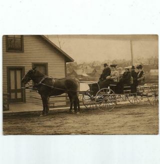 Antique Real Photo Postcard View Of 6 Passengers In Horse Drawn Carriage Wagon