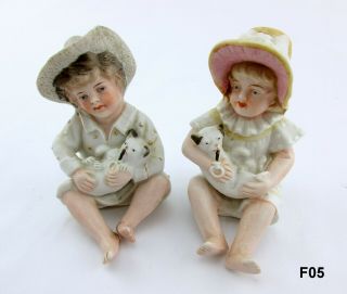 Antique German Bisque Piano Baby Figurine Pair Boy & Girl W\ Cat W\ Pacifier F05