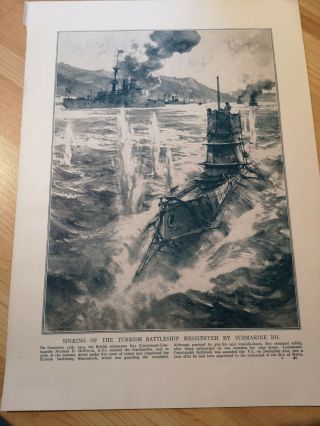 Wwi Antique Print Sinking Of Turkish Battleship Messudiyeh By Submarine B11