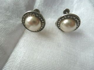 Antique Jewellery - Marcasite & Pearl Pretty Screw Fixing Solid Silver Earrings