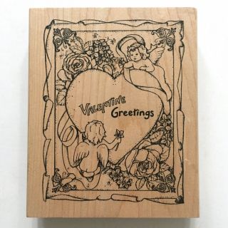 Peddlers Pack Valentine Greetings Rubber Stamp Antique Card Cupid Heart Wood Mtd