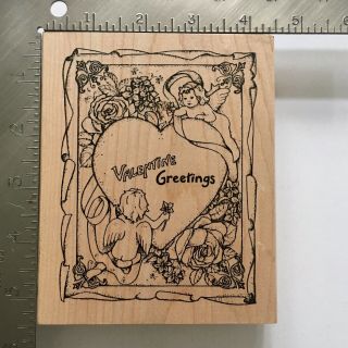 Peddlers Pack VALENTINE GREETINGS Rubber Stamp Antique Card Cupid Heart Wood Mtd 3