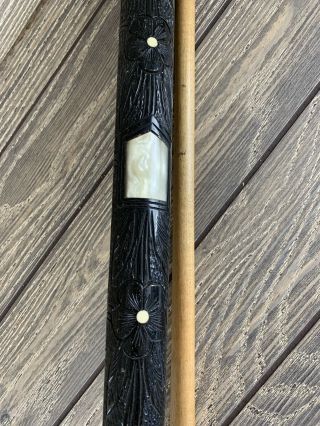Vtg Rare Hiolle Carved Wood & Pearl Inlay Pool Cue