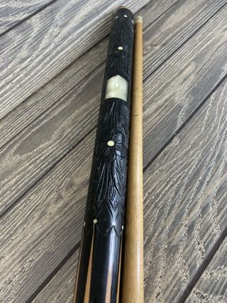 Vtg Rare Hiolle Carved Wood & Pearl Inlay Pool Cue 2