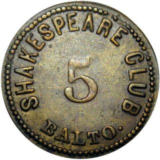1863 Baltimore Maryland Civil War Token Shakespeare Club Rare Town & State