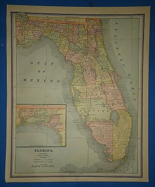 Vintage Circa 1886 Florida Map Old Antique Atlas Map