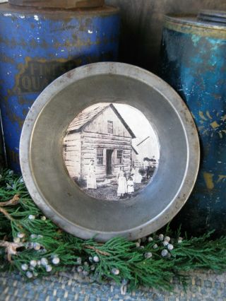 Antique Tin Toy Pie Pan W Old Photo Print 5 " Diameter