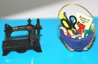 Miniature Doll House Furniture Vintage Metal Sewing Machine Sewing Basket