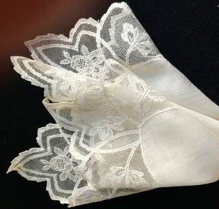 Old Vintage White Delicate Chemical Lace Wide Trim Bridal Handkerchief 12 " Sq,