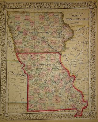 Vintage 1860 Iowa - Missouri Map Old Antique Atlas Map 1867/111516