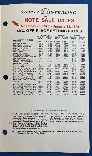 1978 Tuttle Sterling Silver Flatware Price List Onslow Hannah Hull Beauvoir 2