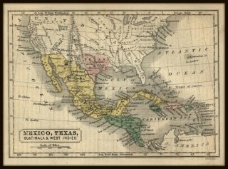 Antique American Map: Mexico,  Texas,  Guatemala,  W.  Indies - 1852 - Hand - Colored