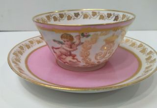 Rare 1846 Sevres Chateau Des Tuileries Pink Cherub Hand Painted Tea Cup & Saucer